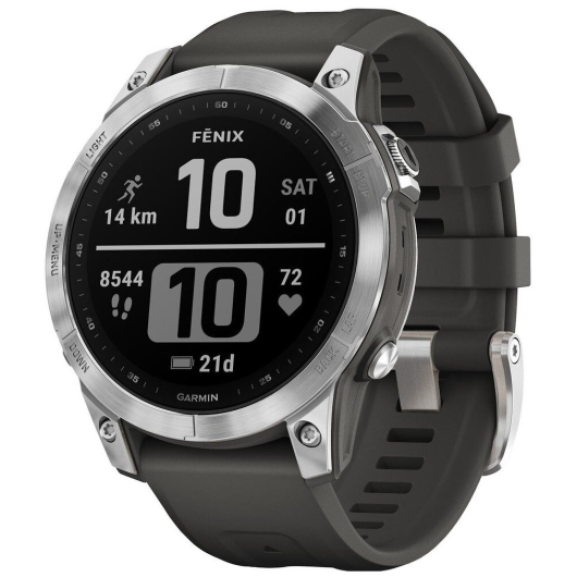 Умные часы Garmin Fenix 7 серебристый с графитовым силиконовым ремешком серый